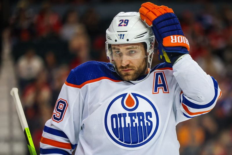 Apr 6, 2024; Calgary, Alberta, CAN; Edmonton Oilers center Leon Draisaitl (29) during the first period against the Calgary Flames at Scotiabank Saddledome. Mandatory Credit: Sergei Belski-USA TODAY Sports