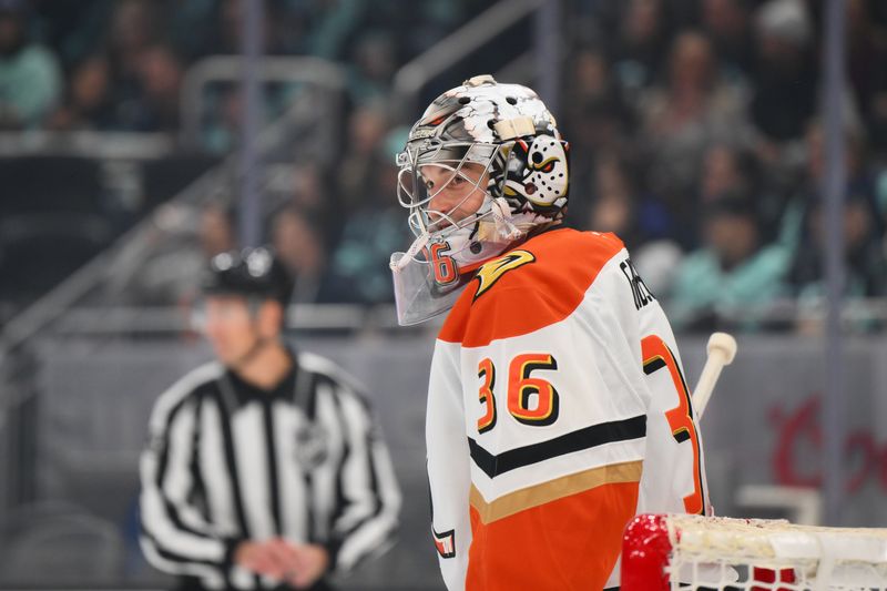 Nov 27, 2024; Seattle, Washington, USA; Anaheim Ducks goaltender John Gibson (36) during the first period against the Seattle Kraken at Climate Pledge Arena. Mandatory Credit: Steven Bisig-Imagn Images