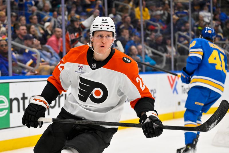 Nov 14, 2025; St. Louis, Missouri, USA; Philadelphia Flyers center Christian Dvorak (22) skates by after scoring against the St. Louis Blues during the third period at Enterprise Center. Mandatory Credit: Jeff Curry-Imagn Images
