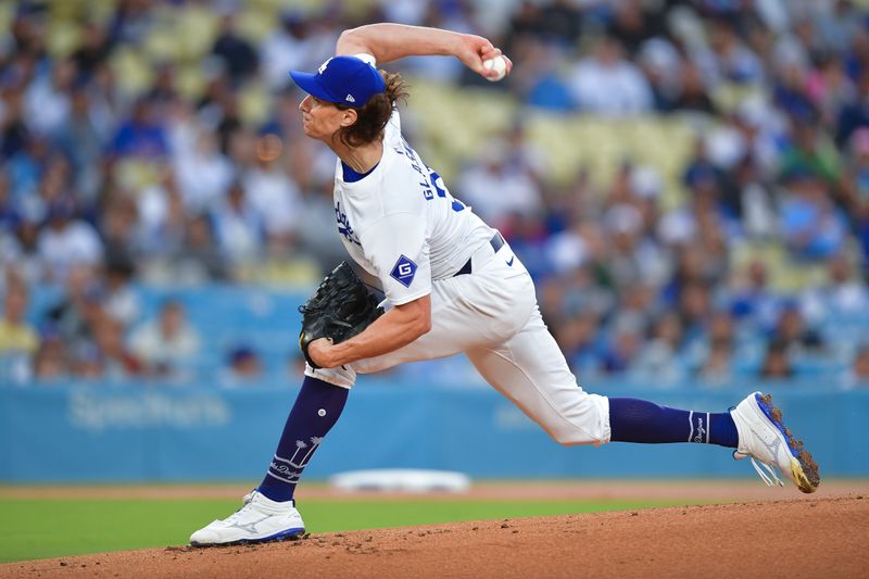 May 22, 2024; Los Angeles, California, USA; Los Angeles Dodgers pitcher Tyler Glasnow (31) throws against the Arizona Diamondbacks during the first inning at Dodger Stadium. Mandatory Credit: Gary A. Vasquez-USA TODAY Sports