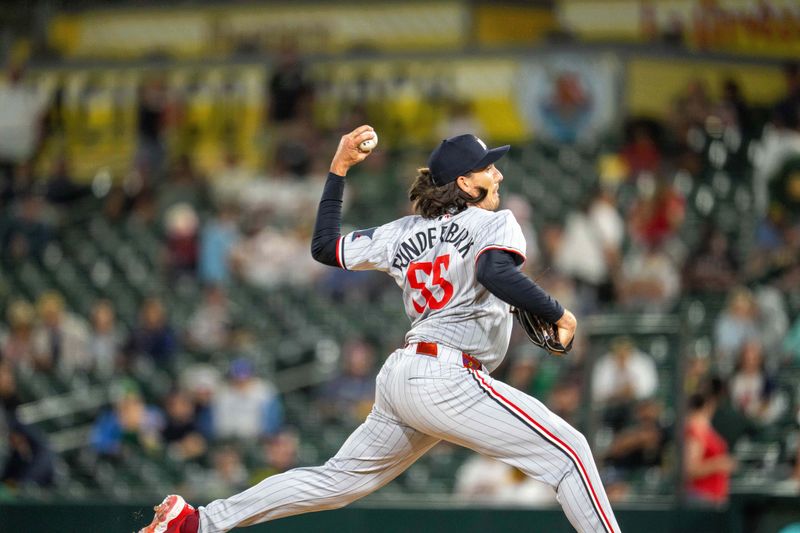 Jun 2, 2025; West Sacramento, California, USA; Minnesota Twins pitcher Kody Funderburk (55) delivers a pitch against the Athletics d9i] at Sutter Health Park. Mandatory Credit: Neville E. Guard-Imagn Images