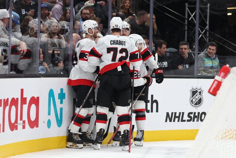 Oct 22, 2024; Salt Lake City, Utah, USA; The Ottawa Senators celebrate a goal by right wing Claude Giroux (28) against the Utah Hockey Club during the first period at Delta Center. Mandatory Credit: Rob Gray-Imagn Images