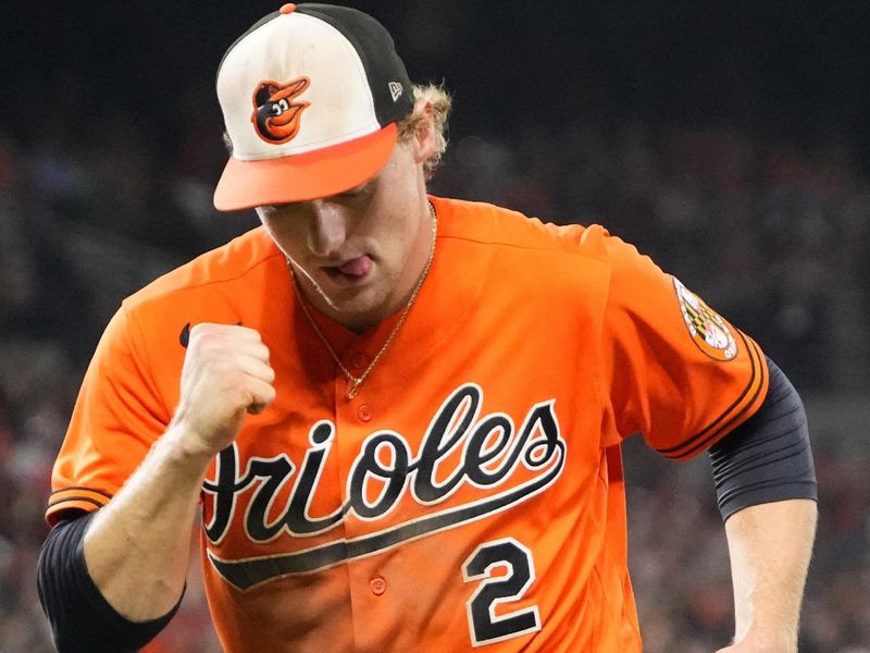 Sep 16, 2023; Baltimore, Maryland, USA; Baltimore Orioles shortstop Gunnar Henderson (2) reacts to getting the called out at first base on a throw he made against the Tampa Bay Rays during the fifth inning at Oriole Park at Camden Yards. Mandatory Credit: Gregory Fisher-USA TODAY Sports