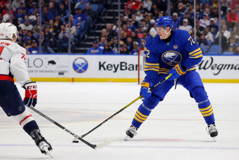 Apr 11, 2024; Buffalo, New York, USA;  Buffalo Sabres center Tage Thompson (72) looks to make a pass during the second period against the Washington Capitals at KeyBank Center. Mandatory Credit: Timothy T. Ludwig-USA TODAY Sports