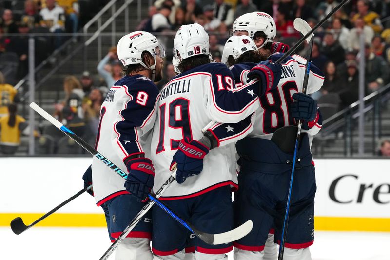 Jan 30, 2025; Las Vegas, Nevada, USA; Columbus Blue Jackets center Adam Fantilli (19) celebrates with team mates after scoring a goal against the Vegas Golden Knights during the first period at T-Mobile Arena. Mandatory Credit: Stephen R. Sylvanie-Imagn Images