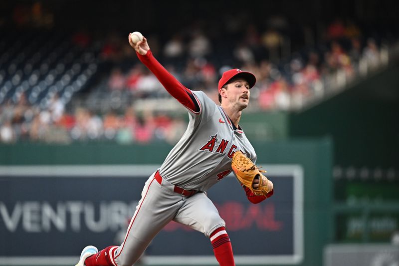 Aug 10, 2024; Washington, District of Columbia, USA;  Los Angeles Angels starting pitcher Griffin Canning (47) delivers a first inning pitch against the Washington Nationals at Nationals Park. Mandatory Credit: James A. Pittman-USA TODAY Sports