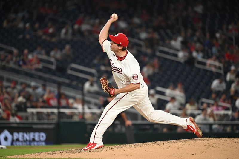 May 20, 2024; Washington, District of Columbia, USA; Washington Nationals pitcher Derek Law (58) throws a pitch against the Minnesota Twins during the seventh inning at Nationals Park. Mandatory Credit: Rafael Suanes-USA TODAY Sports