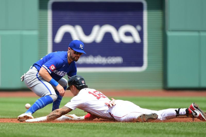 Jul 14, 2024; Boston, Massachusetts, USA;  Boston Red Sox center fielder Jarren Duran (16) slides past the tag of Kansas City Royals second baseman Michael Massey (19) for a double during the first inning at Fenway Park. Mandatory Credit: Bob DeChiara-USA TODAY Sports