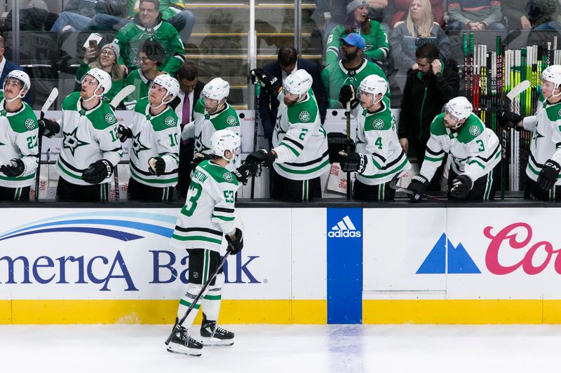 Mar 5, 2024; San Jose, California, USA; Dallas Stars center Wyatt Johnston (53) clebrays with the bench after scoring a goal against the San Jose Sharks uring the third period at SAP Center at San Jose. Mandatory Credit: John Hefti-USA TODAY Sports