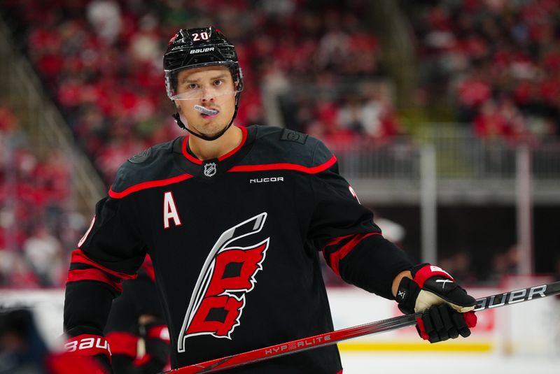 Nov 3, 2024; Raleigh, North Carolina, USA;  Carolina Hurricanes center Sebastian Aho (20) looks on against the Washington Capitals during the third period at Lenovo Center. Mandatory Credit: James Guillory-Imagn Images