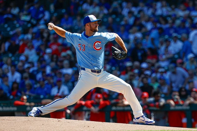 Sep 26, 2025; Chicago, Illinois, USA; Chicago Cubs starting pitcher Colin Rea (53) delivers a pitch against the St. Louis Cardinals during the first inning at Wrigley Field. Mandatory Credit: Kamil Krzaczynski-Imagn Images