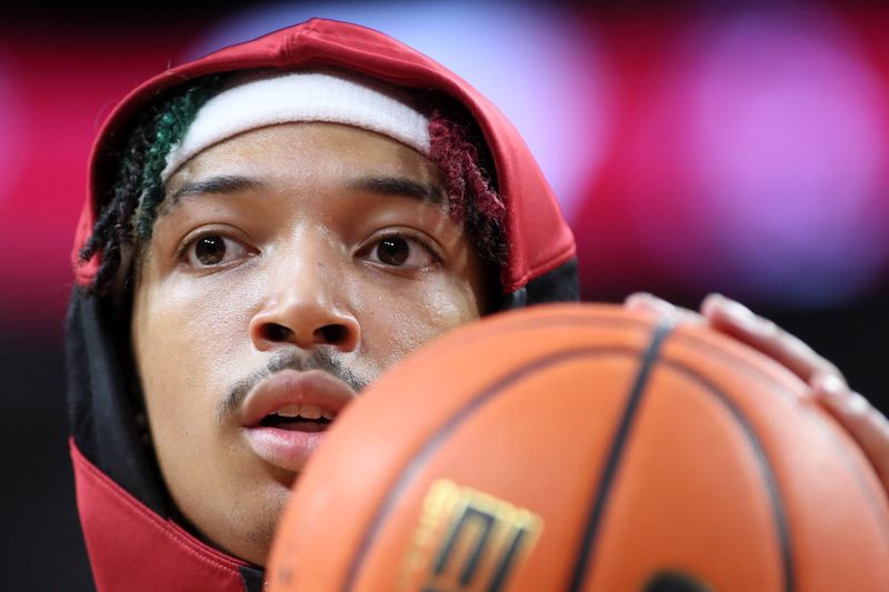 Feb 11, 2023; Fayetteville, Arkansas, USA; Arkansas Razorbacks guard Nick Smith Jr. during pregame warmups prior to facing the Mississippi State Bulldogs at Bud Walton Arena. Mandatory Credit: Nelson Chenault-USA TODAY Sports