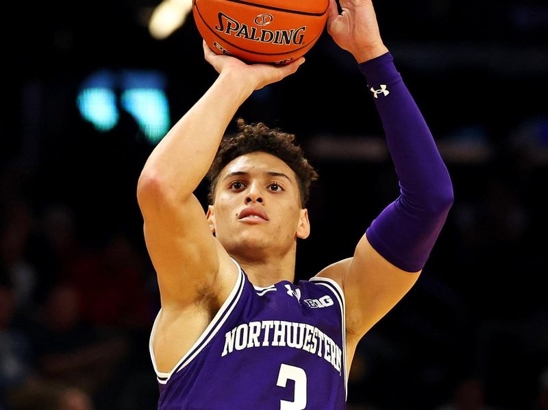 Dec 20, 2023; Phoenix, Arizona, USA; Northwestern Wildcats guard Ty Berry (3) shoots the ball during the first half of the game against the Arizona State Sun Devils during the Hall of Series at Footprint Center. Mandatory Credit: Mark J. Rebilas-USA TODAY Sports