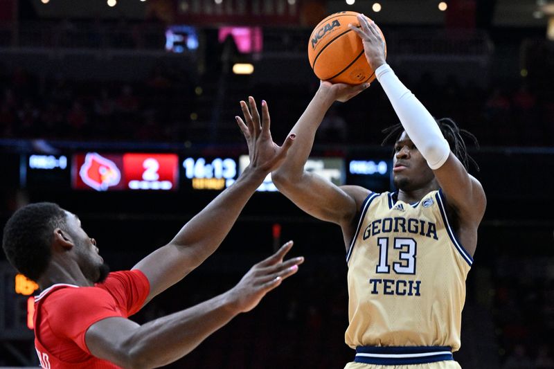 Feb 10, 2024; Louisville, Kentucky, USA; Georgia Tech Yellow Jackets guard Miles Kelly (13) shoots against Louisville Cardinals forward Brandon Huntley-Hatfield (5) during the first half at KFC Yum! Center. Mandatory Credit: Jamie Rhodes-USA TODAY Sports