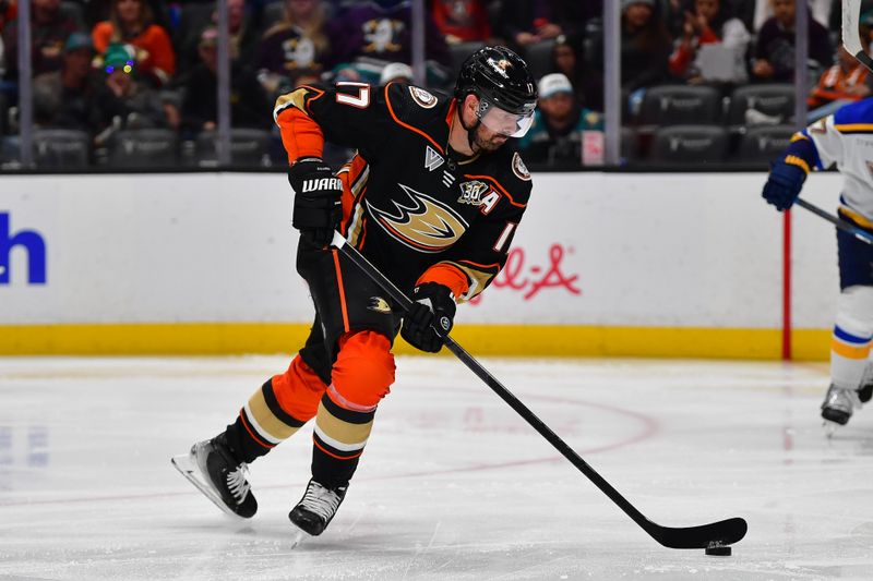 Apr 7, 2024; Anaheim, California, USA; Anaheim Ducks left wing Alex Killorn (17) moves in for a shot against the St. Louis Blues during the second period at Honda Center. Mandatory Credit: Gary A. Vasquez-USA TODAY Sports