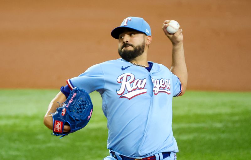 Jul 23, 2023; Arlington, Texas, USA;  Texas Rangers starting pitcher Martin Perez (54) throws during the first inning against the Los Angeles Dodgers at Globe Life Field. Mandatory Credit: Kevin Jairaj-USA TODAY Sports