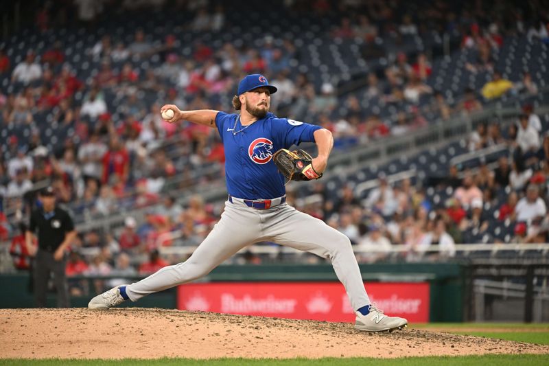 Aug 31, 2024; Washington, District of Columbia, USA; Chicago Cubs relief pitcher Porter Hodge (37) throws against the Washington Nationals during the ninth inning at Nationals Park. Mandatory Credit: Rafael Suanes-USA TODAY Sports