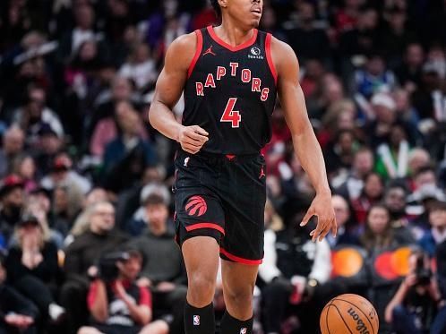 TORONTO, ON - DECEMBER 23: Scottie Barnes #4 of the Toronto Raptors dribbles against the Utah Jazz during the first half of their basketball game at the Scotiabank Arena on December 23, 2023 in Toronto, Ontario, Canada. NOTE TO USER: User expressly acknowledges and agrees that, by downloading and/or using this Photograph, user is consenting to the terms and conditions of the Getty Images License Agreement. (Photo by Mark Blinch/Getty Images)