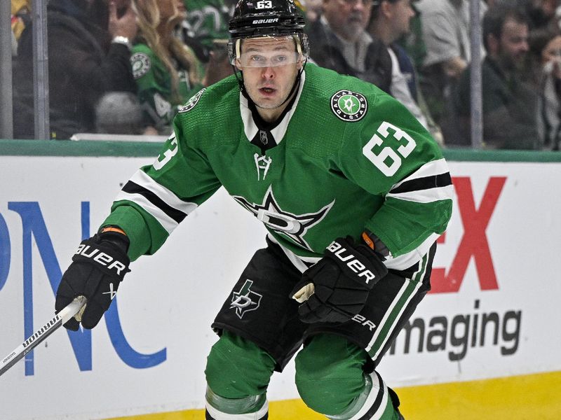 Dec 9, 2023; Dallas, Texas, USA; Dallas Stars right wing Evgenii Dadonov (63) skates against the Vegas Golden Knights during the second period at the American Airlines Center. Mandatory Credit: Jerome Miron-USA TODAY Sports