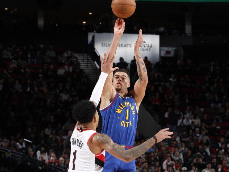 PORTLAND, OR - FEBRUARY 23: Michael Porter Jr. #1 of the Denver Nuggets shoots the ball during the game against the Portland Trail Blazers on February 23, 2024 at the Moda Center Arena in Portland, Oregon. NOTE TO USER: User expressly acknowledges and agrees that, by downloading and or using this photograph, user is consenting to the terms and conditions of the Getty Images License Agreement. Mandatory Copyright Notice: Copyright 2024 NBAE (Photo by Cameron Browne/NBAE via Getty Images)