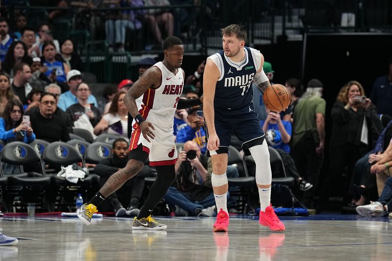 DALLAS, TX - MARCH 7: Luka Doncic #77 of the Dallas Mavericks dribbles the ball during the game against the Miami Heat on March 7, 2024 at the American Airlines Center in Dallas, Texas. NOTE TO USER: User expressly acknowledges and agrees that, by downloading and or using this photograph, User is consenting to the terms and conditions of the Getty Images License Agreement. Mandatory Copyright Notice: Copyright 2024 NBAE (Photo by Glenn James/NBAE via Getty Images)