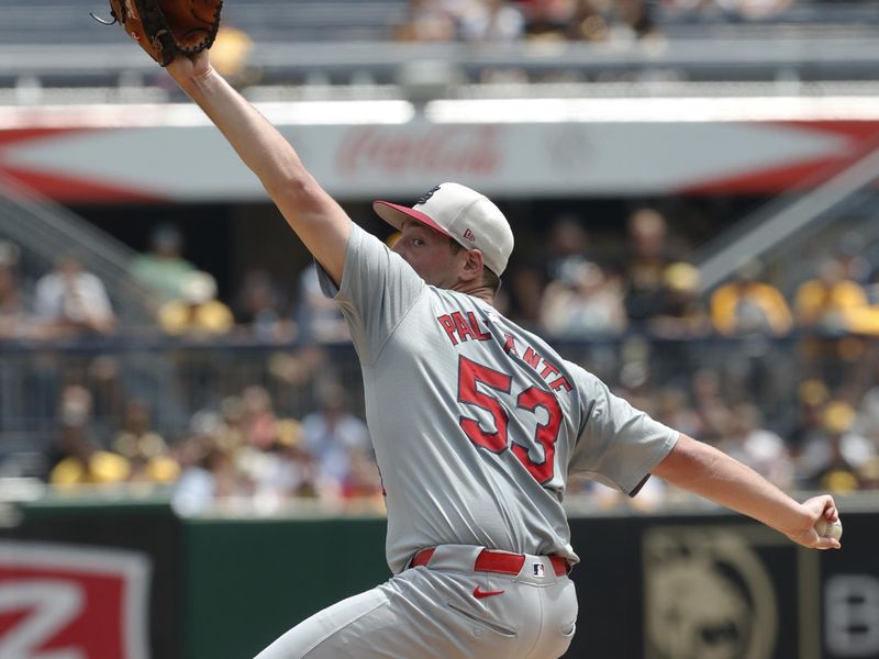 Jul 4, 2024; Pittsburgh, Pennsylvania, USA; St. Louis Cardinals starting pitcher Andre Pallante (53) delivers a pitch against the Pittsburgh Pirates during the first inning at PNC Park. Mandatory Credit: Charles LeClaire-USA TODAY Sports