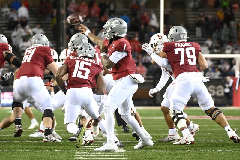 Nov 4, 2023; Pullman, Washington, USA; Washington State Cougars quarterback Cameron Ward (1) throws a pass against the Stanford Cardinal in the first half at Gesa Field at Martin Stadium. Mandatory Credit: James Snook-USA TODAY Sports