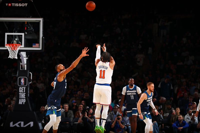 NEW YORK, NY - OCTOBER 13: Jalen Brunson #11 of the New York Knicks shoots a three point basket during the game on October 13, 2024 at Madison Square Garden in New York City, New York.  NOTE TO USER: User expressly acknowledges and agrees that, by downloading and or using this photograph, User is consenting to the terms and conditions of the Getty Images License Agreement. Mandatory Copyright Notice: Copyright 2024 NBAE  (Photo by David L. Nemec/NBAE via Getty Images)