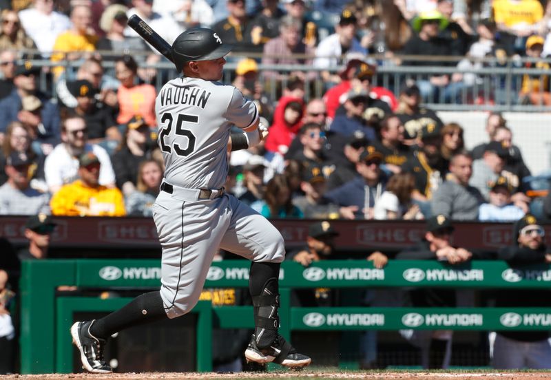 Apr 9, 2023; Pittsburgh, Pennsylvania, USA; Chicago White Sox first baseman Andrew Vaughn (25) hits a single against the Pittsburgh Pirates during the sixth inning at PNC Park. Mandatory Credit: Charles LeClaire-USA TODAY Sports