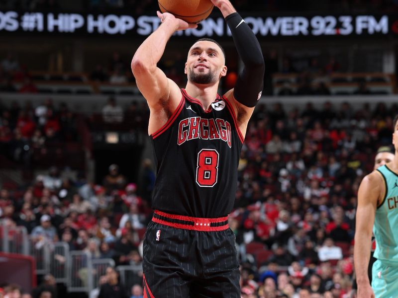 CHICAGO, IL - DECEMBER 13: Zach LaVine #8 of the Chicago Bulls shoots a free throw during the game against the Charlotte Hornets on December 13, 2024 at United Center in Chicago, Illinois. NOTE TO USER: User expressly acknowledges and agrees that, by downloading and or using this photograph, User is consenting to the terms and conditions of the Getty Images License Agreement. Mandatory Copyright Notice: Copyright 2024 NBAE (Photo by Jeff Haynes/NBAE via Getty Images)