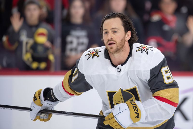 Feb 24, 2024; Ottawa, Ontario, CAN; Vegas Golden Knights right wing Jonathan Marchessault (81) skates during warmup prior to the start of game against the Ottawa Senators at the Canadian Tire Centre. Mandatory Credit: Marc DesRosiers-USA TODAY Sports