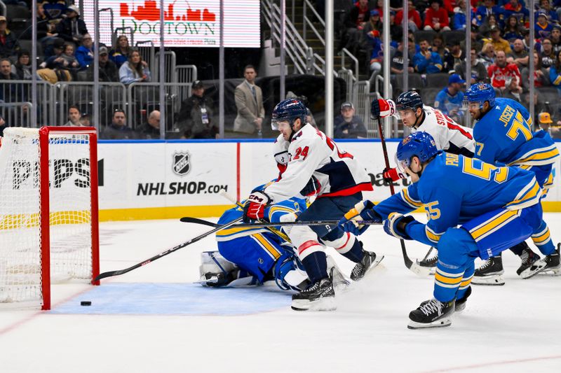 Nov 9, 2024; St. Louis, Missouri, USA;  Washington Capitals center Connor McMichael (24) shoots and scores against St. Louis Blues goaltender Jordan Binnington (50) during the third period at Enterprise Center. Mandatory Credit: Jeff Curry-Imagn Images