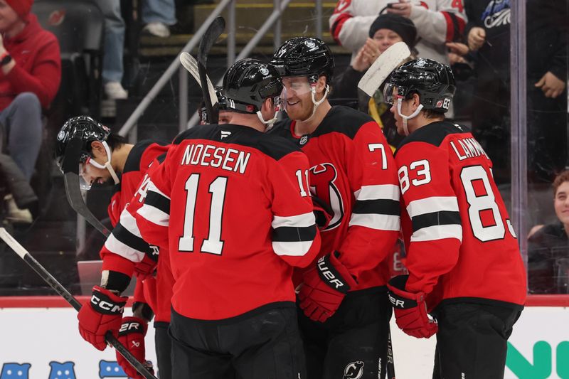 Jan 3, 2026; Newark, New Jersey, USA; New Jersey Devils defenseman Dougie Hamilton (7) celebrates his goal against the Utah Mammoth during the second period at Prudential Center. Mandatory Credit: Ed Mulholland-Imagn Images