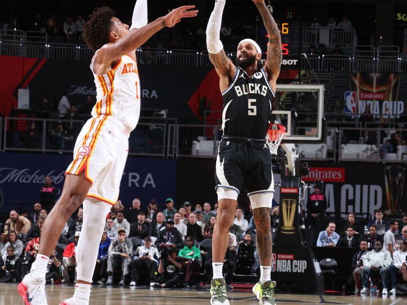 LAS VEGAS, NV - DECEMBER 14: Gary Trent Jr. #5 of the Milwaukee Bucks shoots the ball during the game against the Atlanta Hawks  during the Emirates NBA Cup Semifinal game on December 14, 2024 at T-Mobile Arena in Las Vegas, Nevada. NOTE TO USER: User expressly acknowledges and agrees that, by downloading and/or using this Photograph, user is consenting to the terms and conditions of the Getty Images License Agreement. Mandatory Copyright Notice: Copyright 2024 NBAE (Photo by Nathaniel S. Butler/NBAE via Getty Images)