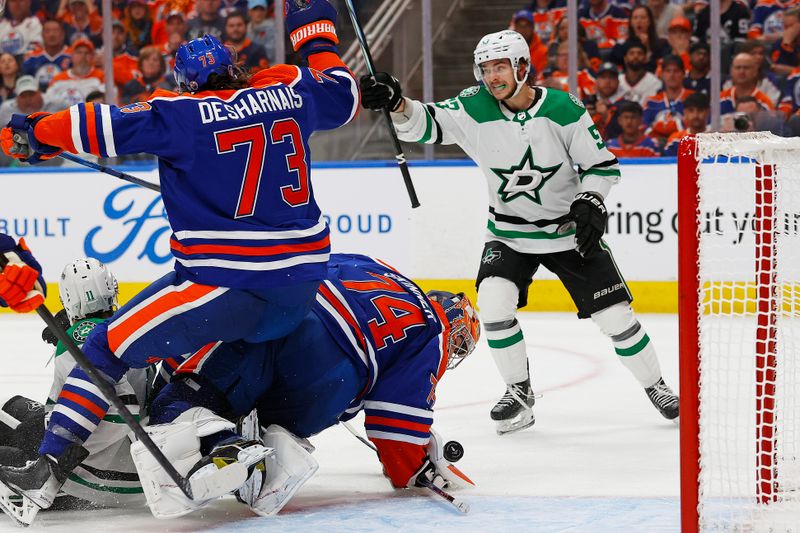 May 27, 2024; Edmonton, Alberta, CAN;   Dallas Stars forward Wyatt Johnson (53) celebrates his goal against the Edmonton Oilers during the second in game three of the Western Conference Final of the 2024 Stanley Cup Playoffs at Rogers Place. Mandatory Credit: Perry Nelson-USA TODAY Sports