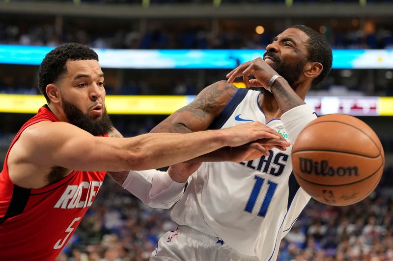 DALLAS, TEXAS - APRIL 07: Fred VanVleet #5 of the Houston Rockets knocks the ball away from Kyrie Irving #11 of the Dallas Mavericks during the first half at American Airlines Center on April 07, 2024 in Dallas, Texas. NOTE TO USER: User expressly acknowledges and agrees that, by downloading and or using this photograph, User is consenting to the terms and conditions of the Getty Images License Agreement. (Photo by Sam Hodde/Getty Images)