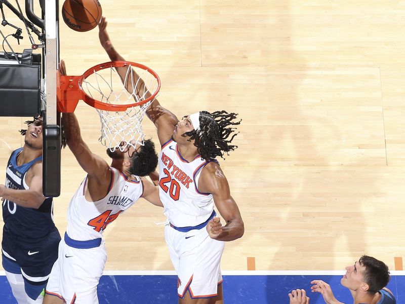 NEW YORK, NY - OCTOBER 13: Jericho Sims #20 of the New York Knicks blocks the shot of Terrence Shannon Jr. #00 of the Minnesota Timberwolves during the game on October 13, 2024 at Madison Square Garden in New York City, New York.  NOTE TO USER: User expressly acknowledges and agrees that, by downloading and or using this photograph, User is consenting to the terms and conditions of the Getty Images License Agreement. Mandatory Copyright Notice: Copyright 2024 NBAE  (Photo by David L. Nemec/NBAE via Getty Images)