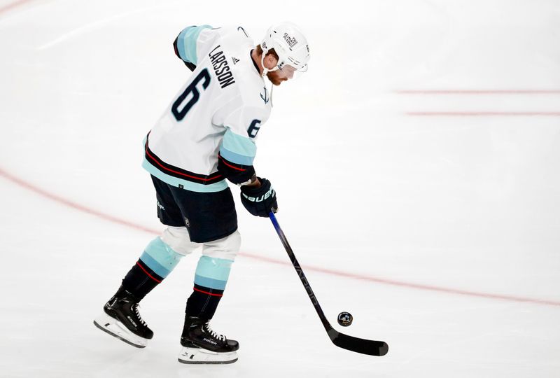 Jan 15, 2024; Pittsburgh, Pennsylvania, USA; Seattle Kraken defenseman Adam Larsson (6) warms up before the game against the Pittsburgh Penguins at PPG Paints Arena. Mandatory Credit: Charles LeClaire-USA TODAY Sports