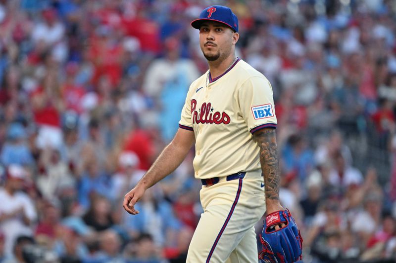 Sep 28, 2025; Philadelphia, Pennsylvania, USA; Philadelphia Phillies pitcher Orion Kerkering (50) walks off the field after pitching the tenth inning against the Minnesota Twins at Citizens Bank Park. Mandatory Credit: Eric Hartline-Imagn Images