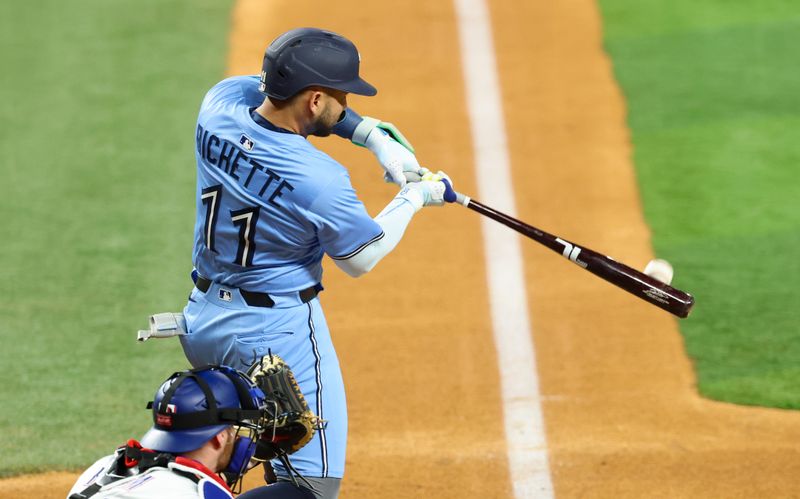 May 28, 2025; Arlington, Texas, USA; Toronto Blue Jays shortstop Bo Bichette (11) hits a two-run home run during the ninth inning against the Texas Rangers at Globe Life Field. Mandatory Credit: Kevin Jairaj-Imagn Images