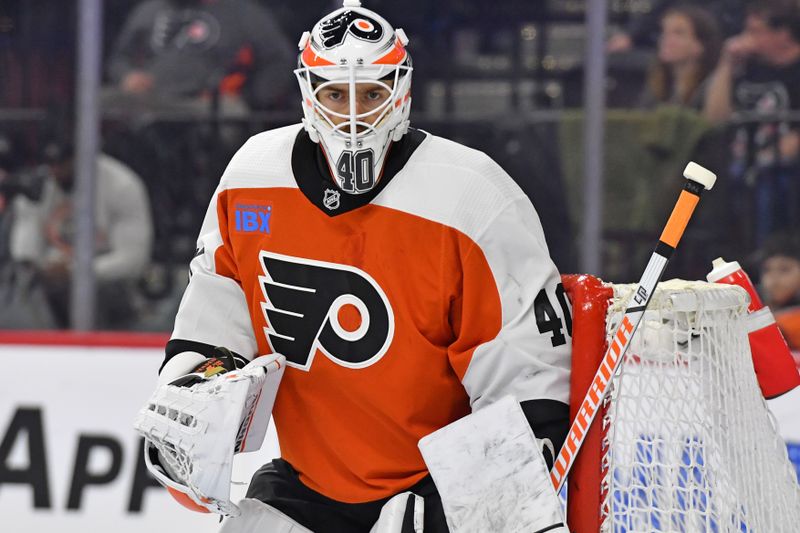 Feb 10, 2024; Philadelphia, Pennsylvania, USA; Philadelphia Flyers goaltender Cal Petersen (40) against the Seattle Kraken during the second period at Wells Fargo Center. Mandatory Credit: Eric Hartline-USA TODAY Sports