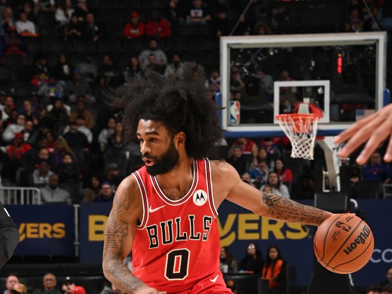 DETROIT, MI - NOVEMBER 18: Coby White #0 of the Chicago Bulls dribbles the ball during the game against the Detroit Pistons on November 18, 2024 at Little Caesars Arena in Detroit, Michigan. NOTE TO USER: User expressly acknowledges and agrees that, by downloading and/or using this photograph, User is consenting to the terms and conditions of the Getty Images License Agreement. Mandatory Copyright Notice: Copyright 2024 NBAE (Photo by Chris Schwegler/NBAE via Getty Images)