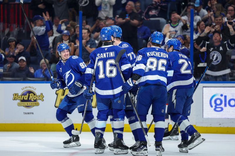 Mar 10, 2026; Tampa, Florida, USA; Tampa Bay Lightning center Gage Goncalves (93) reacts after scoring a goal against the Columbus Blue Jackets in the first period at Benchmark International Arena. Mandatory Credit: Nathan Ray Seebeck-Imagn Images
