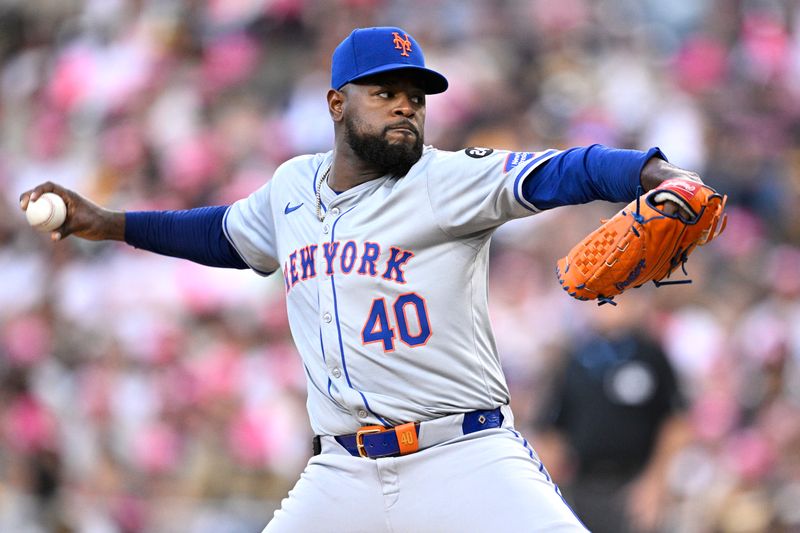 Aug 22, 2024; San Diego, California, USA; New York Mets starting pitcher Luis Severino (40) pitches against the San Diego Padres during the first inning at Petco Park. Mandatory Credit: Orlando Ramirez-USA TODAY Sports