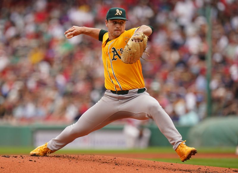 Sep 18, 2025; Boston, Massachusetts, USA; Athletics pitcher J.T. Ginn (70) throws a pitch against the Boston Red Sox in the first inning at Fenway Park. Mandatory Credit: David Butler II-Imagn Images
