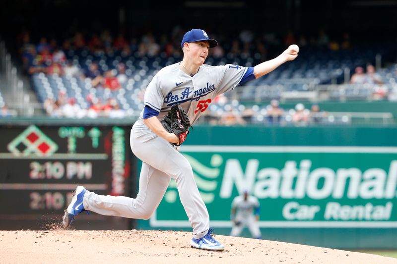 Sep 10, 2023; Washington, District of Columbia, USA; Los Angeles Dodgers starting pitcher Ryan Yarbrough (56) throws the ball in the first inning against the Washington Nationals at Nationals Park. Mandatory Credit: Amber Searls-USA TODAY Sports