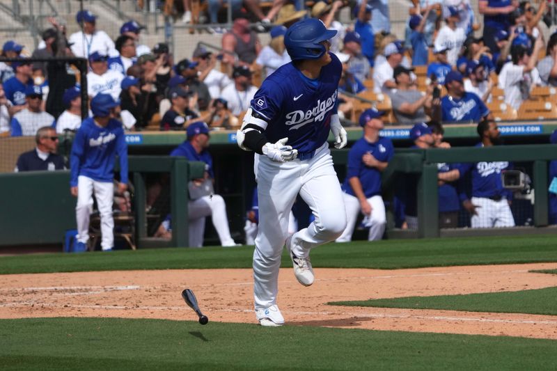 Feb 27, 2024; Phoenix, Arizona, USA; Los Angeles Dodgers designated hitter Shohei Ohtani (17) hits a two run home run during the fifth inning against the Chicago White Sox at Camelback Ranch-Glendale. Mandatory Credit: Joe Camporeale-USA TODAY Sports