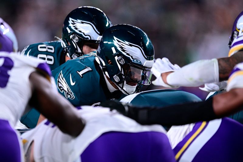 Philadelphia Eagles' Jalen Hurts during an NFL football game against the Minnesota Vikings, Thursday, Sept. 14, 2023, in Philadelphia. (AP Photo/Derik Hamilton)