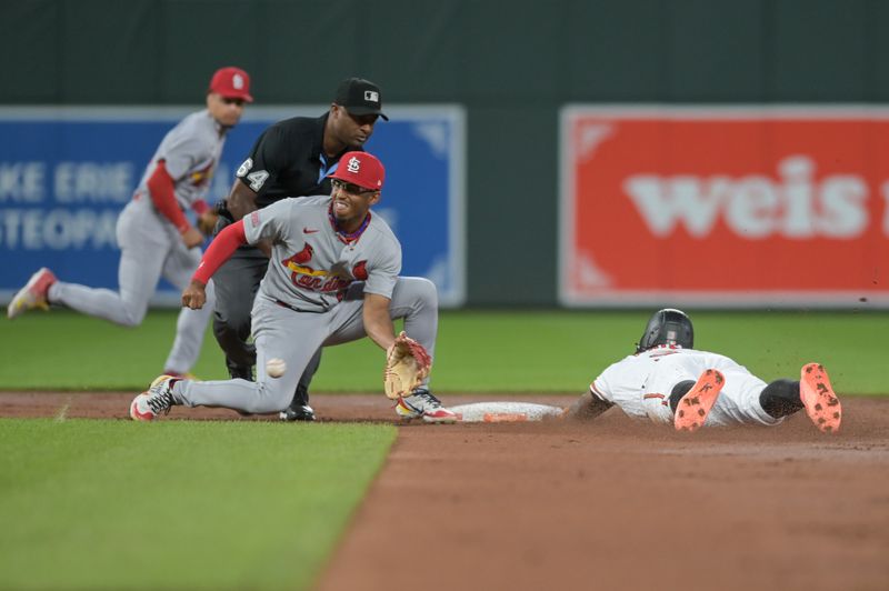 Sep 13, 2023; Baltimore, Maryland, USA;  St. Louis Cardinals relief pitcher Zack Thompson (57) reacts as Baltimore Orioles shortstop Jorge Mateo (3) steals second base during the third inning at Oriole Park at Camden Yards. Mandatory Credit: Tommy Gilligan-USA TODAY Sports