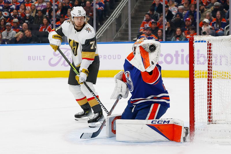 Nov 28, 2023; Edmonton, Alberta, CAN; Vegas Golden Knights forward William Karlsson (71) looks for a rebound in front of Edmonton Oilers goaltender Stuart Skinner (74) during the second period at Rogers Place. Mandatory Credit: Perry Nelson-USA TODAY Sports